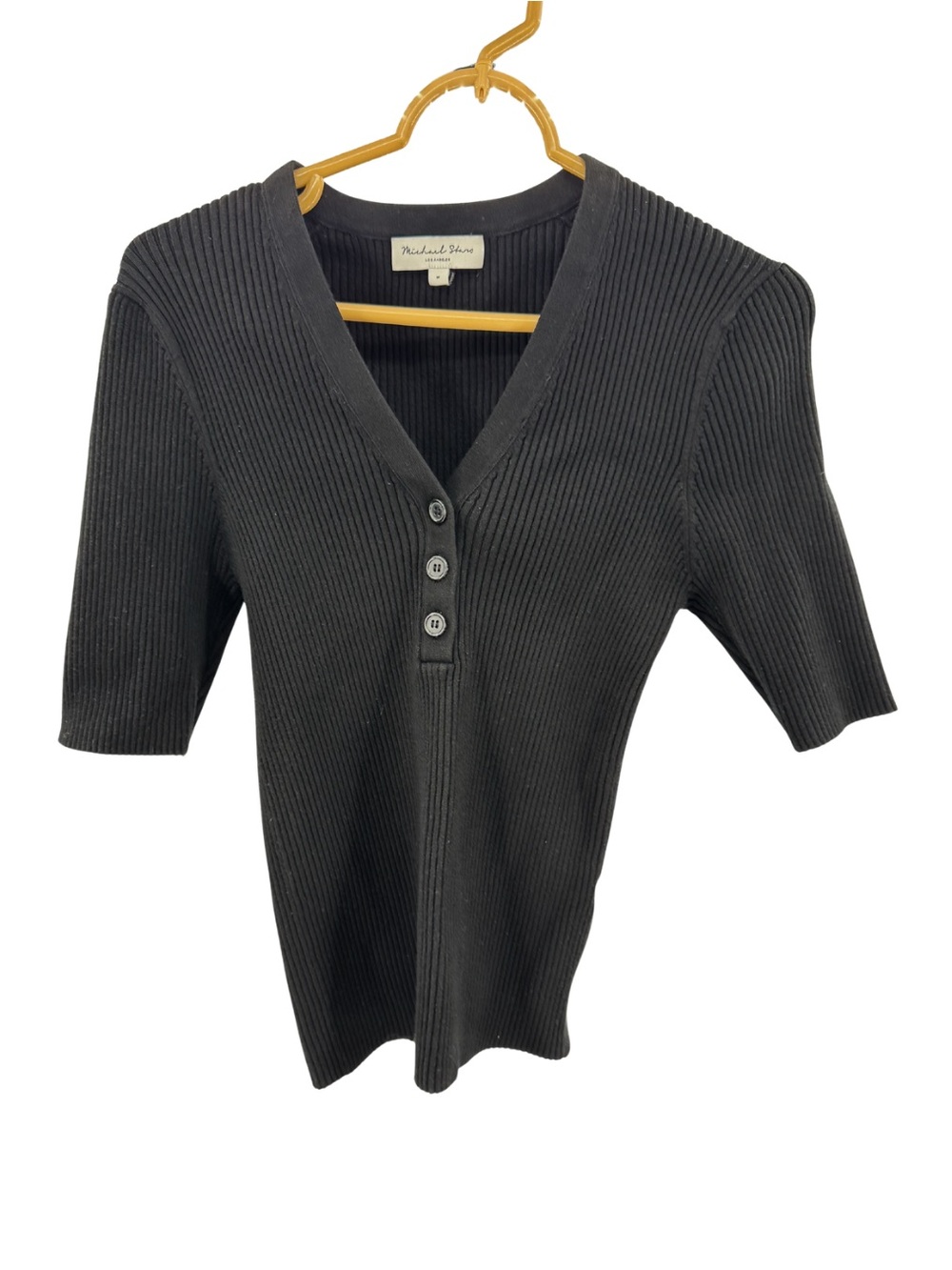 Michael Stars Women's Ribbed V-Neck Sweater black fitted short sleeve office M